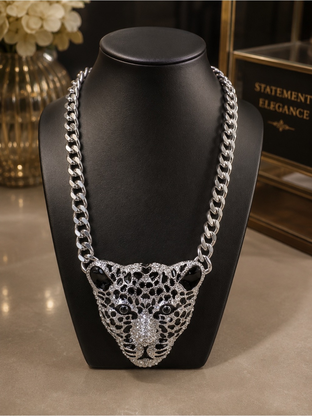 Bold Silver Chain Necklace with Jeweled Leopard Head - Black & Silver